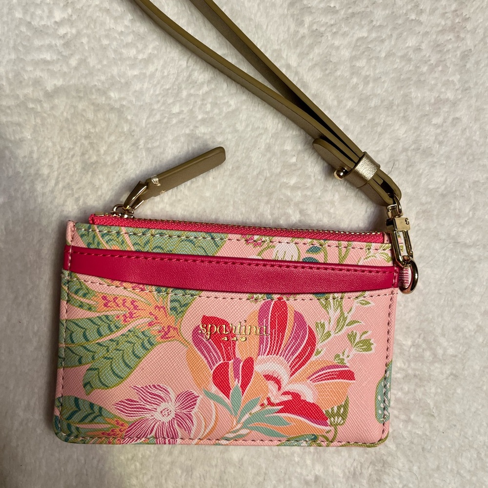 Spartina 449 Pink Floral Wristlet Card Holder with Olive Strap